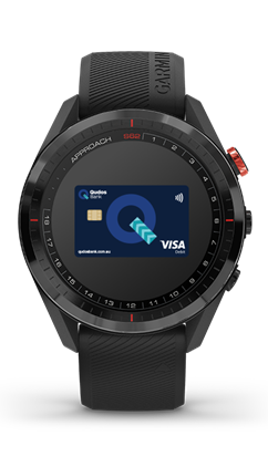 Garmin watch showing Garmin Pay with Qudos Bank Visa Debit card